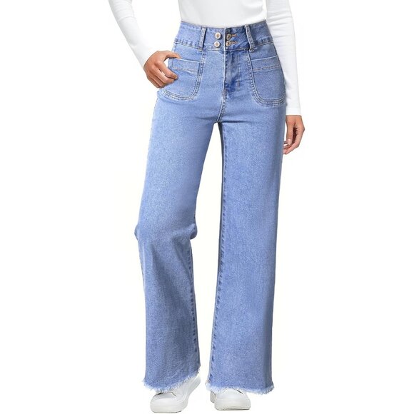 Denim - Womens Wide Leg Jeans High Waisted Denim Pants Frayed Hem Trendy Stretchy